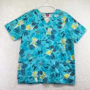 Disney Womens Tinkerbell Scrub Top Size Small Blue Double Pockets Short Sleeve